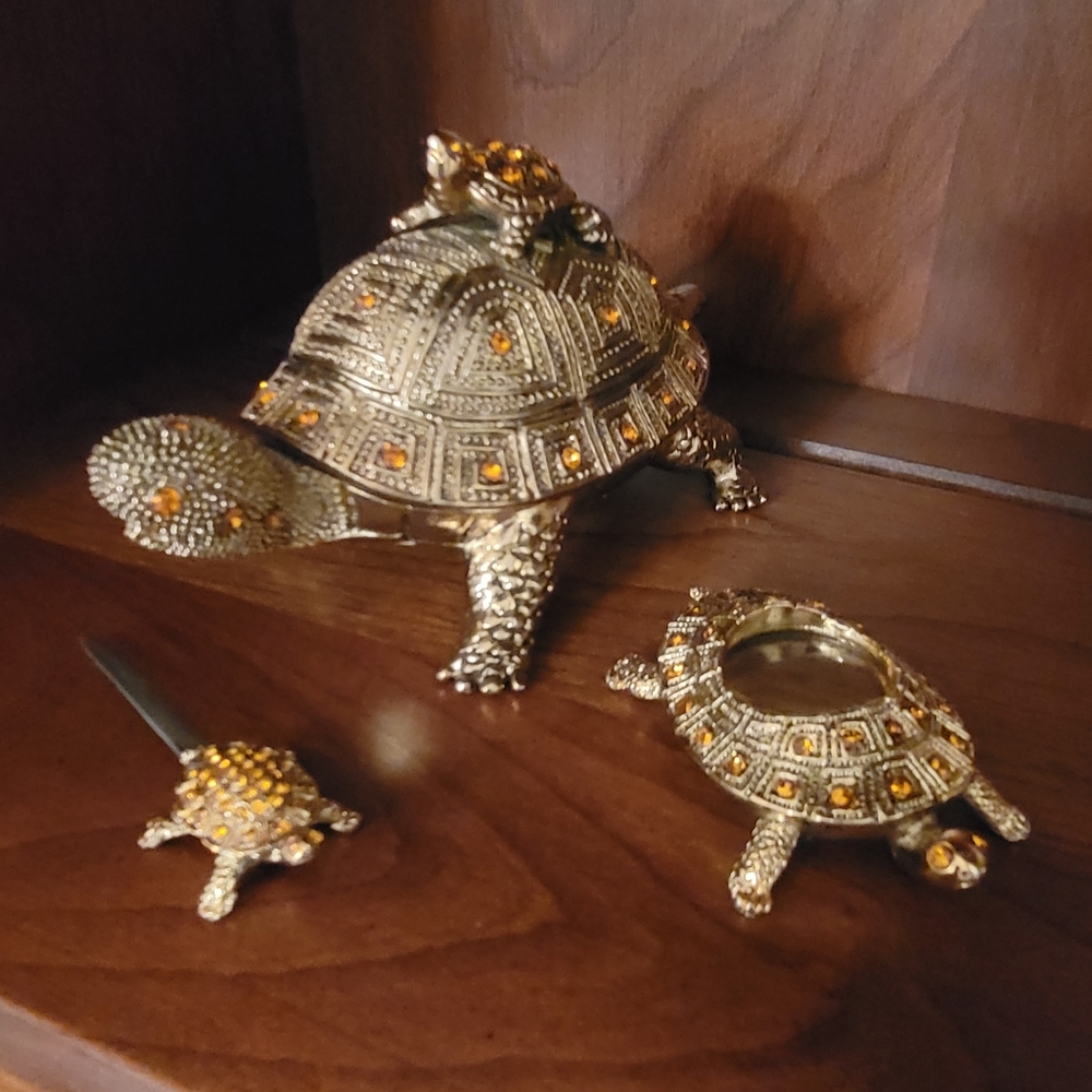 BOMBAY 🐢 3 Piece Turtle Paperweight Letter Opener  Magnifying Glass Trinket Box